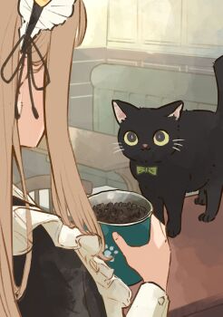 1girl animal apron black_cat black_dress blonde_hair bow bowtie cat commentary_request dress green_bow green_bowtie highres indoors long_hair long_sleeves maid maid_headdress oimo_imoo original pet_food whiskers white_apron