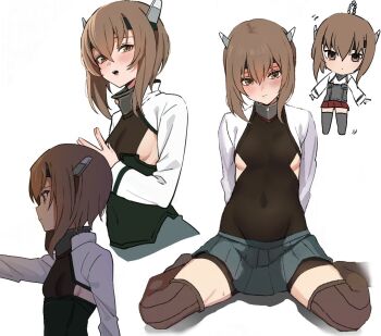 1girl bike_shorts bike_shorts_under_skirt black_shirt brown_eyes brown_hair chibi collar covered_navel grey_skirt headgear kantai_collection long_sleeves metal_collar multiple_views neju shirt short_hair short_hair_with_long_locks shorts shorts_under_skirt simple_background sitting skirt taihou_(kancolle) taihou_kai_(kancolle) upper_body wariza white_background