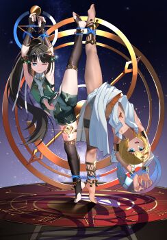 2boys absurdres black_gloves black_hair black_thighhighs blonde_hair blue_eyes bound bound_arms bound_legs commentary_request elbow_gloves fingerless_gloves gloves green_shirt highres long_hair looking_at_viewer multiple_boys navel nipple_piercing one_eye_closed original piercing ponytail restrained shirt short_hair shorts skindentation split standing standing_on_one_leg standing_split stirrup_legwear stomach thighhighs tiya_(yi_er_san_si) toeless_legwear trap very_long_hair zqzzwdtn