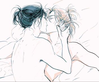 2boys adam&#039;s_apple black_hair blonde_hair breeze_paro closed_eyes commentary dimitri_alexandre_blaiddyd dimitri_alexandre_blaiddyd_(timeskip) felix_hugo_fraldarius felix_hugo_fraldarius_(timeskip) fire_emblem fire_emblem:_three_houses hand_on_another&#039;s_face hashtag-only_commentary highres kiss lying male_focus multiple_boys nintendo nude on_back yaoi