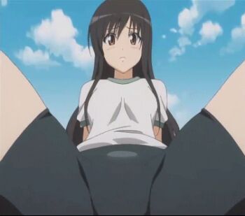 00s 1girl animated animated_gif anime_screenshot arms_behind_back bad_aspect_ratio bike_shorts black_hair blue_sky blush cloud cloudy_sky crotch day exercising female_focus foreshortening from_below frown gym_uniform kotegawa_yui legs_up long_hair looking_at_viewer lowres outdoors shirt sidelocks sitting sky solo spread_legs t-shirt to_love-ru yellow_eyes
