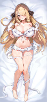 1girl alternate_breast_size_(larger) barefoot bikini blonde_hair breasts brown_eyes closed_mouth commentary_request cynthia_(pokemon) dakimakura_(medium) docozi frilled_bikini frills front-tie_bikini_top front-tie_top full_body gloves hair_ornament hair_over_one_eye highres holding_strap huge_breasts long_hair looking_at_viewer lying navel nintendo on_back pokemon pokemon_dppt ribbon side-tie_bikini_bottom smile solo swimsuit thigh_strap white_bikini white_gloves white_ribbon