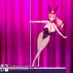 1girl animal_ears animated artist_name bdsm black_choker black_leotard bondage bouncing_breasts bound breasts choker cleavage fake_animal_ears fishnet_pantyhose fishnets hanging_breasts heart_pasties high_heels huge_breasts junkpuyo leash leotard long_hair maebari magic_trick navel orange_hair original pantyhose pasties playboy_bunny pole pole_dancing rabbit_ears rabbit_tail sound stomach tagme thighs tongue tongue_out undressing video