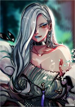 1girl border choker collarbone earrings eyelashes eyeshadow fate/grand_order fate_(series) french_commentary grey_eyeshadow grey_lips highres jewelry large_earrings lipstick long_hair looking_at_viewer maewenmitzuki makeup mrs._snake_(fate) off_shoulder orange_eyes solo tassel white_border