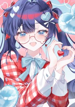 Rule 34 | 1girl, :d, absurdres, blue bow, blue nails, blunt bangs, blush, bow, checkered clothes, checkered jacket, collared shirt, glasses, hair bow, hair intakes, hair ornament, heart, heart hair ornament, heart hands, highres, jacket, looking at viewer, mai (mornmeii), mole, mole on cheek, nail polish, open mouth, original, red bow, red nails, round eyewear, shirt, smile, solo, twintails, upper body, white bow