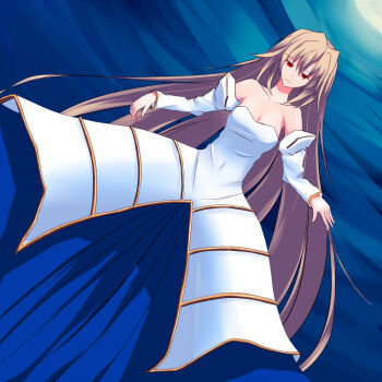 1girl archetype_earth arcueid_brunestud bare_shoulders blonde_hair breasts cleavage commentary_request detached_sleeves dress ky1203 long_hair looking_at_viewer medium_breasts melty_blood red_eyes smile solo strapless strapless_dress tsukihime very_long_hair white_dress