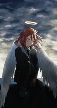 Rule 34 | 1boy, angel devil (chainsaw man), angel wings, black jacket, black necktie, black pants, black shoes, chainsaw man, closed mouth, cloud, cloudy sky, collared shirt, day, feathered wings, floating hair, formal clothes, full body, hair between eyes, halo, hand up, highres, jacket, lapels, long sleeves, looking ahead, male focus, necktie, on roof, orange eyes, outdoors, pants, red hair, rune (rne at), shadow, shirt, shoes, short hair, sitting, sitting on roof, sky, solo, suit, suit jacket, sunlight, white shirt, white sky, wings, yellow halo