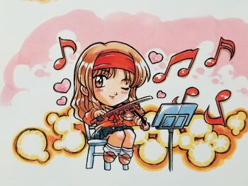 Rule 34 | 1girl, beamed eighth notes, black skirt, bow, bow (music), brown eyes, brown hair, brown shoes, chair, chibi, chibi only, closed mouth, eighth note, endou akira, hairband, heart, highres, holding, holding bow (music), holding instrument, holding violin, instrument, jacket, kokomahi, long hair, music, music stand, musical note, official art, on chair, one eye closed, orange jacket, playing instrument, pleated skirt, red bow, red hairband, school uniform, sentimental graffiti, shoes, sitting, sixteenth note, skirt, smile, socks, solo, traditional media, violin, white socks