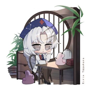 Rule 34 | 1girl, absurdres, black shoes, blue dress, blue hat, braid, brown pantyhose, chair, character name, chibi, chibi only, coat, commentary, constellation print, cross, dress, english commentary, grey hair, hat, hat print, high heels, highres, lab coat, long hair, long sleeves, mixed-language commentary, multicolored dress, no noru, nurse cap, on chair, open clothes, open coat, pantyhose, rabbit, red cross, red dress, shoes, single braid, sitting, solo, touhou, very long hair, white coat, yagokoro eirin