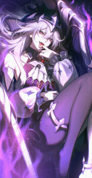 1girl absurdres asymmetrical_legwear black_pantyhose blood collar commentary cross cross_print crown detached_sleeves epic_seven finger_to_mouth frilled_sleeves frills gootai hair_between_eyes highres jewelry leaking long_hair long_sleeves looking_at_viewer lying melissa_(epic_seven) miniskirt no_shoes on_back open_mouth pantyhose red_eyes ring sidelocks single_leg_pantyhose skirt solo thigh_strap tongue tongue_out uneven_legwear vampire white_hair