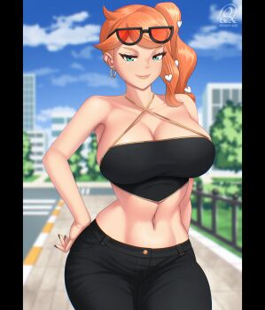 1girl bare_shoulders black_nails black_pants blue_sky blurry blurry_background breasts cleavage closed_mouth cloud collarbone crop_top curvy day denim earrings eyewear_on_head gold_earrings green_eyes hair_ornament heart heart_hair_ornament highres hoop_earrings jeans jewelry large_breasts navel nintendo orange_hair outdoors pants pokemon pokemon_swsh rocky-ace side_ponytail sky smile solo sonia_(pokemon) stomach sunglasses tinted_eyewear