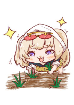 1girl :3 :d absurdres azur_lane bache_(azur_lane) blonde_hair blue_shirt blush_stickers chibi commentary_request daigorou_(42036928) dirty dirty_clothes dirty_face eyewear_on_head fang highres long_hair motion_lines mud open_mouth planting purple_eyes rice_paddy rice_planting shirt sidelocks simple_background skirt sleeves_rolled_up smile solo sparkle standing striped_clothes striped_skirt sunglasses two_side_up white_background yellow_skirt
