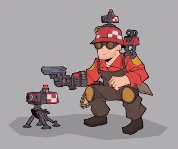 1boy beard_stubble belt_pouch black_shoes brown_overalls closed_mouth collared_shirt commentary engineer_(tf2) english_commentary facial_hair flat_color fujimna full_body goggles grey_background gun gunslinger_(tf2) handgun hard_hat helmet holding holding_gun holding_weapon knee_pads long_sleeves male_focus mechanical_arms mustache_stubble overalls pouch red_engineer_(tf2) red_helmet red_shirt sentry shadow shirt shoes simple_background single_mechanical_arm sleeves_rolled_up smile solo squatting stubble t-shirt team_fortress_2 weapon white_shirt