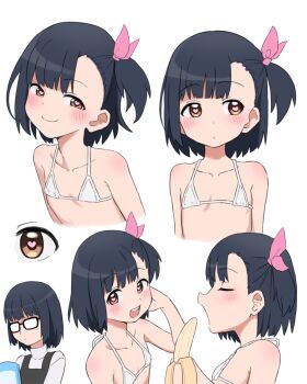 1girl banana bikini black_hair brown_eyes bubukka closed_eyes closed_mouth collarbone dot_mouth flat_chest food fruit glasses hair_ribbon halterneck heart heart-shaped_pupils holding holding_food holding_fruit loli micro_bikini multiple_views one_side_up open_mouth original pink_ribbon ribbon short_hair simple_background string_bikini swimsuit symbol-shaped_pupils tachibana_momoka_(bubukka) teeth upper_teeth_only white_background white_bikini
