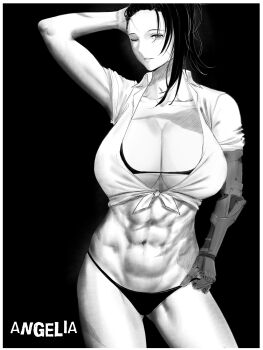 1girl abs absurdres angelia_(girls&#039;_frontline) bikini black_hair breasts closed_mouth collared_shirt girls&#039;_frontline hair_over_one_eye highres large_breasts long_hair looking_at_viewer mechanical_arms midriff monochrome muscular muscular_female navel one_eye_closed ponytail scar scar_on_face shirt single_mechanical_arm smolxeno solo swimsuit white_shirt