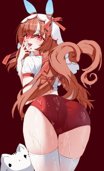 1girl absurdres animal_ears ass blush brown_hair buruma commentary_request glowing glowing_eyes hair_between_eyes hair_ornament heart heart-shaped_pupils highres horse_ears horse_girl horse_tail korean_commentary looking_at_viewer open_mouth red_background simple_background solo still_in_love_(umamusume) sweat symbol-shaped_pupils tail tandohark thighhighs tongue tongue_out umamusume veil