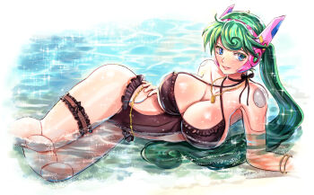 1girl android arm_support black_one-piece_swimsuit blue_eyes blush bracelet breasts capcom casual_one-piece_swimsuit cleavage commentary_request female_focus frilled_swimsuit frills green_hair headgear huge_breasts jewelry joints kiwakiwa lips long_hair looking_at_viewer lying marino_(mega_man) mega_man_(series) mega_man_x:_command_mission mega_man_x_(series) necklace on_side one-piece_swimsuit parted_lips partially_submerged ponytail robot_joints smile solo sparkle swimsuit thigh_strap water