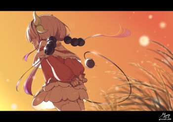 1girl absurdres arms_behind_back backlighting blurry capelet child clenched_hands commentary_request cowboy_shot depth_of_field dragon_girl dragon_horns dragon_tail dutch_angle floating_hair frilled_capelet frills from_behind hair_bobbles hair_ornament highres horns kanna_kamui kobayashi-san_chi_no_maidragon letterboxed light_particles long_hair long_sleeves low_twintails miniskirt muu3_illust outdoors pink_shirt puffy_long_sleeves puffy_sleeves shirt signature skirt solo sunset tail tears thighhighs twintails twitter_username wheat white_capelet white_skirt white_thighhighs zettai_ryouiki