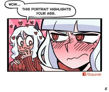 2girls black_horns blush english_text heart helltaker horns lucifer_(helltaker) modeus_(helltaker) mole mole_under_eye multiple_girls osulan pink_background red_eyes red_sweater sideways_glance speech_bubble striped_background striped_clothes striped_sweater sweater teeth white_background white_hair