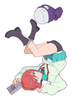 Rule 34 | 1girl, amate yuzuriha, ataruman, blue eyes, boots, boxers, green skirt, gundam, gundam gquuuuuux, haro, hat, highres, looking at viewer, male underwear, necktie, orange hair, school uniform, skirt, underwear, upside-down, white background