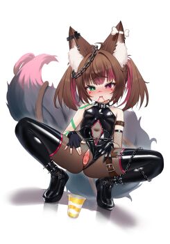 1girl absurdres animal_ear_fluff animal_ears anus arm_belt arm_tattoo asymmetrical_gloves barbell_piercing bare_shoulders belt black_gloves black_leotard black_shoes black_thighhighs blush bodystocking bone_earrings breasts brown_hair cat_girl cat_tail clitoral_hood clitoris clothing_aside clothing_cutout collar commission covered_erect_nipples cross cross_earrings crotchless cup disposable_cup dutch_angle ear_chain earrings elbow_gloves embarrassed facial_mark fangs female_focus fingerless_gloves fishnet_gloves fishnets fox_ears fox_girl fox_tail full_body gloves green_eyes heterochromia highres hymen imminent_peeing indie_virtual_youtuber intertwined_tails jewelry kiari_art large_tail latex latex_leotard latex_thighhighs layered_gloves leaning_back leotard leotard_aside linked_piercing loli medium_hair mismatched_gloves multicolored_hair multiple_earrings multiple_tails navel navel_cutout nervous non-web_source nose_blush nyudachi open_mouth piercing pink_eyes pink_hair pink_trim pussy raised_eyebrows shiny_clothes shoes sidelocks simple_background skin_fangs skindentation small_breasts solo spiked_anklet spiked_collar spikes spread_legs spread_pussy spreading_own_pussy squatting streaked_hair sweat tail tattoo thigh_belt thigh_strap thighhighs tiptoes twintails two-tone_hair two_tails uncensored urethra virgin virtual_youtuber white_background
