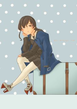 Rule 34 | 1girl, absurdres, blue background, braid, brown hair, brown serafuku, brown shirt, brown skirt, commentary request, full body, highres, kantai collection, long hair, orange eyes, pantyhose, pleated skirt, polka dot, polka dot background, pot-de, sailor collar, school uniform, serafuku, shirt, sidelocks, single braid, sitting, skirt, solo, souya (kancolle), suitcase, white pantyhose, white sailor collar