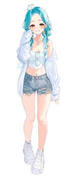 1girl absurdres aqua_hair braid denim denim_shorts forehead full_body hand_up hashtag-only_commentary highres jacket long_hair long_sleeves looking_at_viewer meercat_dayo midriff navel off_shoulder open_clothes open_jacket shiranami_ramune shoes shorts simple_background smile solo standing torn_clothes torn_shorts twin_braids virtual_youtuber vspo! white_background white_shoes