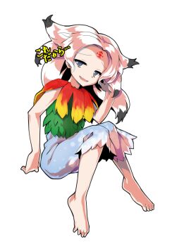 Rule 34 | 1girl, alphes (style), barefoot, black hair, blue eyes, blue skirt, capelet, colored tips, commentary request, dairi, facial mark, feather capelet, feathers, flat chest, forehead, forehead mark, fossilized wonders, full body, gradient feathers, green leaf, half-closed eyes, hand up, houjuu chimi, large variant set, leaf clothing, leaf shirt, long hair, looking at viewer, multicolored hair, open mouth, parody, red feathers, shirt, simple background, skirt, sleeveless, sleeveless shirt, smile, solo, style parody, tachi-e, touhou, translation request, transparent background, variant set, white hair, yellow feathers