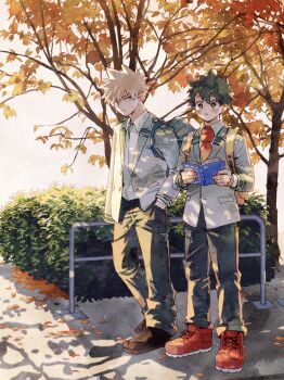 2boys autumn autumn_leaves backpack bag bakugou_katsuki blazer blonde_hair boku_no_hero_academia book brown_shoes closed_mouth collared_shirt commentary_request falling_leaves green_hair hand_in_pocket highres holding holding_book jacket leaf looking_at_viewer male_focus midoriya_izuku multiple_boys necktie open_book red_eyes red_necktie red_shoes school_bag shirt shoes short_hair shoulder_bag simple_background spiked_hair standing twitter_username unou_(unou_mha) white_background white_shirt