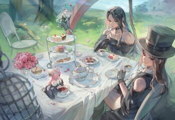 1other absurdres ascot bare_shoulders birdcage black_collar black_gloves black_hair cage cake chair collar collarbone commentary cookie cup demon_girl demon_horns desert fingerless_gloves food forest fork formal_clothes gloves guilty_gear guilty_gear_strive guilty_gear_x guilty_gear_xx hat highres holding holding_cup holding_fork horns long_hair multiple_others nature plate red_eyes sandwich scythe shaded_face succubus_familiar symbol-only_commentary table tea teacup teapot testament_(guilty_gear) tolbak_(tolbak_2) top_hat tree white_ascot