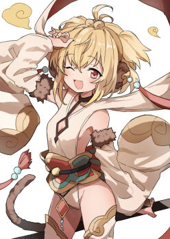 1girl absurdres ahoge andira_(granblue_fantasy) animal_ears blonde_hair detached_leggings erune gazacy_(dai) hagoromo highres monkey monkey_ears monkey_girl monkey_tail one_eye_closed open_mouth red_eyes shawl short_hair smile solo tail