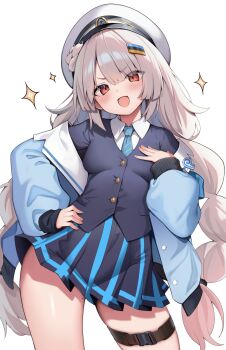 blue_jacket goddess_of_victory:_nikke hair_ornament hat highres jacket kaptivate pleated_skirt skirt soline_(frost_ticket)_(nikke) soline_(nikke) sparkle sparkle_background thigh_strap white_hair white_hat