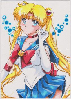 1girl absurdres bishoujo_senshi_sailor_moon blonde_hair blue_eyes blue_sailor_collar bow chikoto_(kztc4472) choker collarbone double_bun earrings elbow_gloves gloves hair_bun hair_ornament highres jewelry long_hair looking_at_viewer photo_(medium) red_choker sailor_collar sailor_moon sailor_senshi_uniform skirt smile solo traditional_media transformation_brooch_(sailor_moon) tsukino_usagi twintails white_gloves