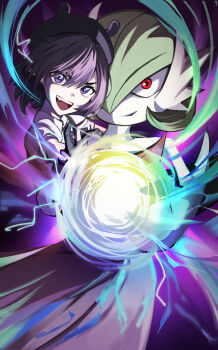 2girls beret closed_mouth colored_skin gardevoir gen_3_pokemon green_hair hair_over_one_eye hat highres hololive hololive_english kiwamiedge looking_at_viewer medium_hair multiple_girls ninomae_ina&#039;nis nintendo open_mouth pokemon pokemon_(creature) purple_eyes purple_hair red_eyes teeth upper_teeth_only virtual_youtuber white_skin