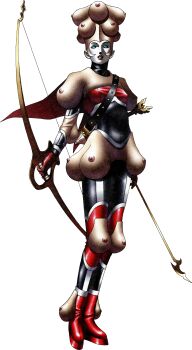 Rule 34 | 1girl, absurdres, arrow (projectile), bow (weapon), breasts, cape, demon (megami tensei), devil summoner: soul hackers, devil summoner (series), diana (megami tensei), extra breasts, gloves, highres, holding, holding arrow, holding bow (weapon), holding weapon, kazuma kaneko, nipples, official art, quiver, shin megami tensei, solo, third-party source, transparent background, weapon