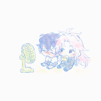2boys animated animated_gif black_jacket black_necktie black_pants black_shorts blue_hair blush chibi chibi_only closed_eyes collared_shirt colored_lineart electric_fan food formal_clothes hands_on_lap hatsutori_hajime henohenomoheji_(tpvtlsrp) holding holding_food holding_popsicle jacket long_hair long_sleeves male_focus multiple_boys necktie nose_blush open_mouth pants parted_bangs pink_hair popsicle red_eyes saibou_shinkyoku shirt short_hair short_sleeves shorts simple_background socks suit sweat utsugi_noriyuki white_background white_shirt white_socks
