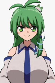 1girl animated animated_gif blush bouncing_breasts breasts closed_mouth clothes_lift frog_hair_ornament green_eyes green_hair hair_ornament kochiya_sanae large_breasts long_hair looking_at_viewer nipples no_bra shiguma_(signalmass) shirt_lift smile solo source_request touhou