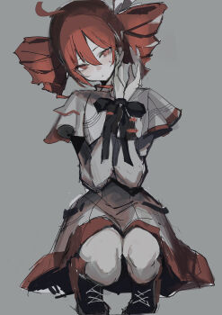 Rule 34 | 1girl, absurdres, ahoge, black boots, black ribbon, boots, bound, bow, chuhaibane, double-parted bangs, drill hair, expressionless, grey background, grey jacket, grey skirt, hair between eyes, hair bow, highres, jacket, kasane teto, kasane teto (sv), lace-up boots, layered sleeves, long hair between eyes, long sleeves, red eyes, red hair, red trim, ribbon, short over long sleeves, short sleeves, skirt, skirt set, sleeve cuffs, solo, squatting, synthesizer v, tied up (nonsexual), twin drills, utau, white bow