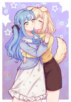2girls animal_ears artist_name bang_dream! bang_dream!_it's_mygo!!!!! black_ribbon black_shorts blonde_hair blue_hair bulkobon cardigan closed_eyes dog_ears dog_girl dog_tail hair_ribbon hand_on_another's_shoulder hand_on_another's_waist highres hug kemonomimi_mode kiss kissing_cheek long_hair medium_hair misumi_uika multiple_girls parted_lips purple_cardigan ribbon shorts skirt star_(symbol) sweater tail togawa_sakiko two_side_up white_skirt yellow_eyes yellow_sweater yuri