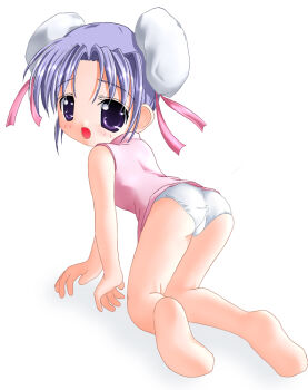 1girl aft_seat all_fours ass barefoot blush bun_cover character_request china_dress chinese_clothes double_bun dress embarrassed from_behind hair_bun hair_ribbon loli looking_at_viewer looking_back open_mouth panties pink_dress pink_ribbon purple_eyes purple_hair ribbon shokushu_ramen sleeveless sleeveless_dress underwear white_background white_panties