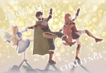 1boy 2girls :d abstract_background ahoge animal_ears arm_up armor armored_gloves artist_name barefoot black_dress black_hair black_shirt blonde_hair blue_dress boots breastplate breasts brown_boots brown_gloves brown_hair chain cloak closed_eyes collared_dress collared_shirt commentary_request dress elbow_gloves expressionless feathered_wings filo_(tate_no_yuusha_no_nariagari) fingerless_gloves flat_chest full_body fur-trimmed_armor fur-trimmed_boots fur-trimmed_cloak fur-trimmed_gloves fur_trim gloves green_eyes green_pants hair_between_eyes high_collar highres holding_hands iwatani_naofumi knee_boots layered_dress layered_shirt leather_armor leather_shirt leg_up light_smile long_hair long_sleeves medium_breasts messy metal_hair_tubes multiple_girls neck_ribbon open_mouth pants pauldrons raccoon_ears raccoon_girl raccoon_tail raphtalia red_dress red_eyes red_ribbon ribbon shirt short_dress shoulder_armor signature single_pauldron sleeveless sleeveless_dress smile standing standing_on_one_leg striped_clothes striped_dress sweatdrop tail taku0_paripori tassets tate_no_yuusha_no_nariagari teeth thigh_boots twitter_username two-tone_dress vertical-striped_clothes vertical-striped_dress white_dress white_wings wings yellow_background