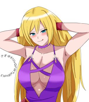 Rule 34 | 1girl, armpits, arms behind head, artist name, b. jenet, blonde hair, blue eyes, blush, breasts, closed mouth, dress, fatal fury, highres, large breasts, licking lips, long hair, looking at viewer, seductive gaze, seductive smile, smile, snk, solo, the king of fighters, the king of fighters xv, tongue, tongue out