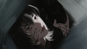 1girl black_eyes black_hair character_request facial_tattoo gloxartx hair_between_eyes hand_tattoo head_tilt highres looking_at_viewer portrait shadow_slave short_hair sidelighting smile solo tattoo