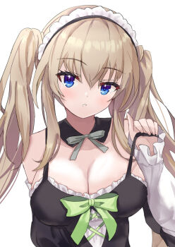 1girl 9-nine- bare_shoulders black_dress blue_eyes blush bow bowtie breasts brown_hair cleavage commentary_request detached_collar detached_sleeves dress dress_bow eyelashes frilled_dress frilled_sleeves frills green_bow grey_bow grey_bowtie hair_between_eyes hand_up highres kujou_miyako large_breasts long_hair long_sleeves looking_at_viewer maid maid_headdress nine_ball_maid_uniform no_eyewear nowa2109 official_alternate_costume official_alternate_hairstyle parted_lips pulling_own_clothes sidelocks simple_background sleeveless sleeveless_dress solo spaghetti_strap strap_pull tsurime twintails upper_body very_long_hair white_background