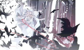 1girl bird commentary crow dress elden_ring elden_ring_nightreign english_commentary flower_wreath full_body hair_between_eyes highres holding holding_shovel long_hair long_hair_between_eyes rebecca59118221 revenant_(elden_ring) shovel solo string string_of_fate very_long_hair white_dress white_hair