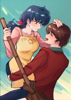 1boy 1girl absurdres black_hair blue_background breasts broom brown_hair chick_print godai_yuusaku hand_on_another&#039;s_head happy heteromanham highres holding holding_broom lifting_person long_hair long_sleeves maison_ikkoku medium_breasts open_mouth otonashi_kyouko pink_shirt piyo_piyo_apron ponytail shirt short_hair