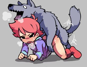 1boy 1girl all_fours animal_ears bestiality blush clothed_sex doggystyle grey_background gummuru kumatora loli looking_at_viewer mother_(series) mother_3 nintendo open_mouth pink_hair sex sex_from_behind short_hair simple_background sweat tail tongue tongue_out vaginal wolf wolf_ears wolf_tail