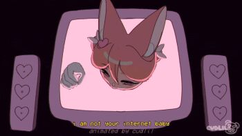 1girl animal_ears animated animated_gif arielle_(cudlil) artist_name blush breasts brown_hair cleavage collarbone commentary cudlil detached_collar dress english_commentary eyeshadow fox_ears gloves hair_ornament hair_ribbon heart heart_hair_ornament heart_in_eye long_hair looking_at_viewer makeup monitor off_shoulder original pink_eyes pink_eyeshadow ribbon small_breasts smile solo speaker subtitled symbol_in_eye through_medium through_screen twintails very_long_hair watermark white_dress white_gloves white_ribbon