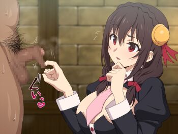 1boy 1girl blurry blurry_background bow braid breasts brick_wall brown_hair censored commentary_request crown_braid foreskin foreskin_insertion foreskin_pull hair_bow hand_on_own_chin hand_up highres indoors kono_subarashii_sekai_ni_shukufuku_wo! large_breasts long_hair low_twintails male_pubic_hair mosaic_censoring necktie paid_reward_available parted_lips penis pink_necktie pubic_hair raised_eyebrow red_bow red_eyes red_prison_magic_school_uniform school_uniform small_penis smelly_penis tedain testicles twintails upper_body yunyun_(konosuba)