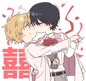 2boys belt black_belt black_hair blonde_hair blush bouquet chainsaw_man chocoball0505 closed_eyes commentary_request denji_(chainsaw_man) ear_piercing flower french_kiss gold_ring grey_pants hand_on_another's_back holding holding_bouquet holding_hands husband_and_husband jacket jacket_on_shoulders jewelry kiss male_focus multiple_boys necktie pants piercing pink_necktie ring shirt_tucked_in short_hair translation_request twitter_username wedding_ring yaoi yoshida_hirofumi